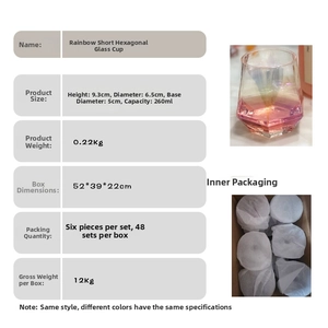 Detailed size chart and macro view of iridescent hexagonal low-ball glass cup
