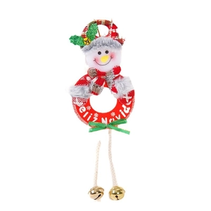 Plush snowman Christmas ornament with red plaid hat and Feliz Navidad bells