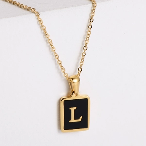Minimalist gold plated stainless steel square pendant necklace with black enamel letter L