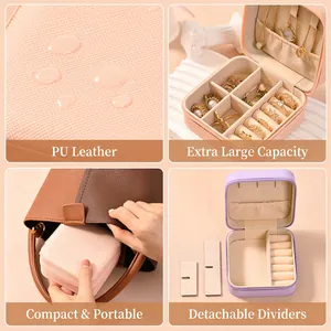 Portable PU leather jewelry organizer with mirror for rings and necklaces in pink and purple