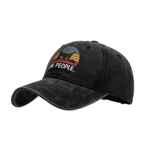 Vintage washed black cotton baseball cap featuring a cute cat and rainbow sunset embroidery
