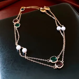 Vintage Gold Double Layer Long Sweater Chain Necklace With Colorful Square Glass Gemstones And Glass Artificial Pearls For Women