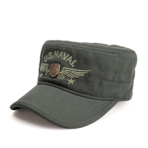 Close-up of military green flat top cap with U.S. ARMY badge and embroidery details