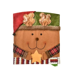 Christmas reindeer chair cover with red hat and plaid details for holiday home decor
