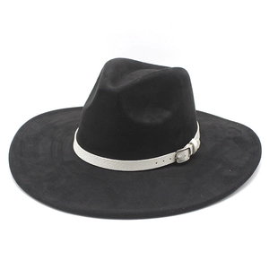 Black wide brim fedora hat with white faux leather belt and silver buckle detail