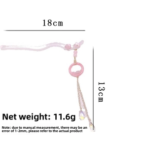 Detailed size view of pink flower hair stick with long tassels measuring 18cm long