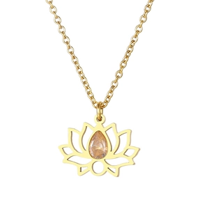 Gold stainless steel lotus jewelry set with pear-cut amber gemstone and hollow design