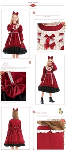 Detail of red Lolita dress featuring white lace bow, layered hem and back zipper closure