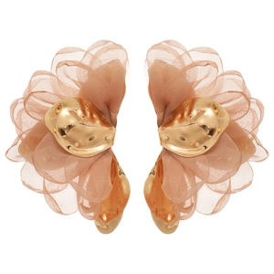 Elegant gold metal and nude pink chiffon fabric petal dangle earrings for women