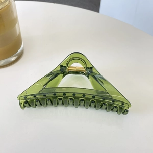 Detail view of 12cm transparent dark green triangular hair claw clip with metal spring