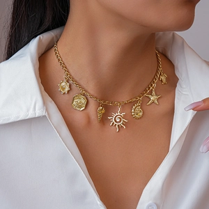 Detailed close-up of a gold celestial ocean necklace with star and shell charms