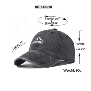 Size chart for washed denim outdoor cap with mountain embroidery and adjustable strap