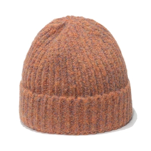 Women's knitted tie-dye beanie hat with warm orange and purple gradient textures