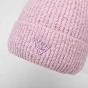 Pink rib-knit beanie with purple letter embroidery for winter warmth and trendy style