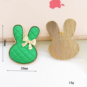Cartoon green plaid bunny head charm with golden bow and measurement specs 38mm