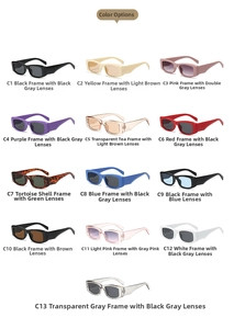 Grid view showing thirteen different color options for square retro sunglasses frames