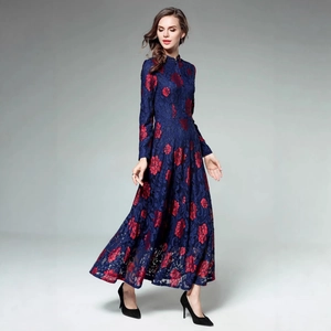 Navy lace maxi dress with red floral patterns, featuring a standing collar and single-breasted detail