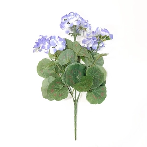 Macro shot of artificial lavender geranium with green leaves on a white background