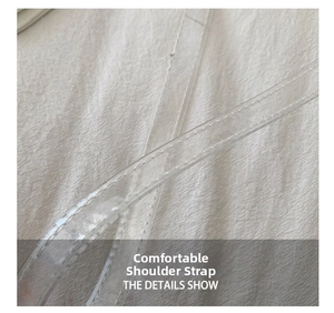 Close-up of a clear PVC shoulder strap showing fine stitching and durable flexible material