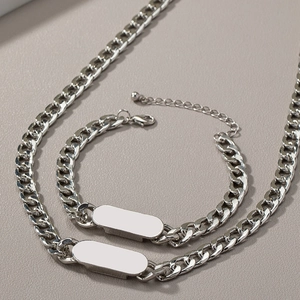 Mens silver cuban link chain necklace and bracelet set with engravable blank plates