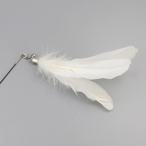 White feather cat wand refill with metal bell and lobster clasp on flexible steel wire