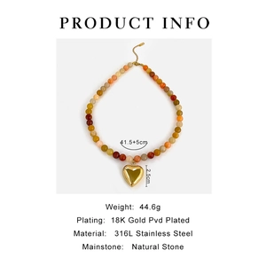 Detailed size chart of beaded natural stone necklace with a golden heart pendant