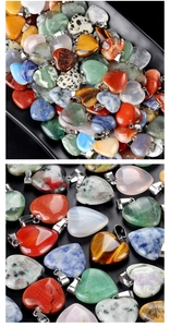 Detailed macro shot of diverse heart-shaped gemstone pendants with unique natural textures