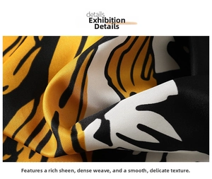 Close-up of glossy floral pattern twill fabric with tiger print and smooth texture