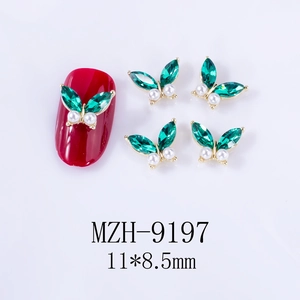 Detailed 11x8.5mm green marquise butterfly nail charms with pearls on gold alloy base