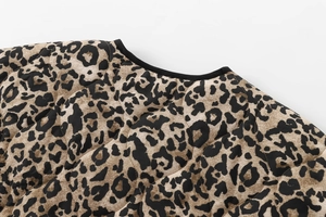 Detail of leopard print quilted jacket showing round neckline and shoulder stitching