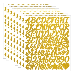 Detail of 8 sheets golden glitter alphabet stickers showing letters and numbers