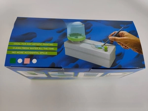 Art paint brush cleaner water cycle system packaging box with usage diagrams and blue design