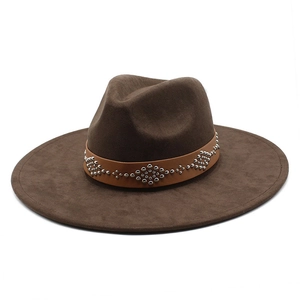 Brown wide brim faux suede cowboy hat with studded leather band for men and women