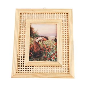 Minimalist solid wood picture frame with textured woven pattern and pastoral oil painting