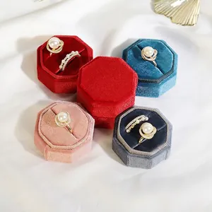 Elegante Achtkantige Fluweel Sieradendoos Koreaanse Stijl Fluweel Ringdoos Voor Huwelijksaanzoek Verloving Bruiloft Ring Display Organizer