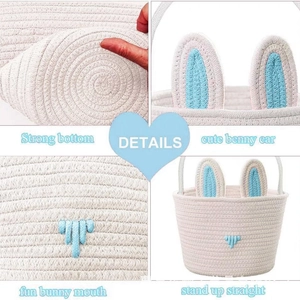 Woven cotton rope Easter bunny basket with light blue ears and handles for storage