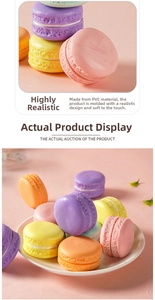 Detailed view of colorful PVC macaron dessert models for photography props and home decor