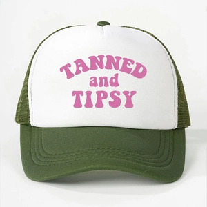 Olive and white mesh trucker hat with TANNED and TIPSY print for sun protection