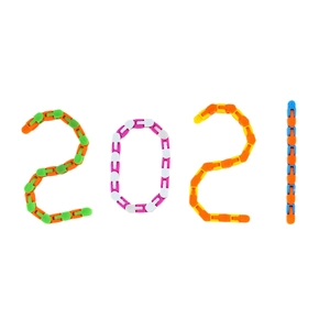 Colorful 24-link wacky tracks plastic fidget toy segments forming numbers on white background