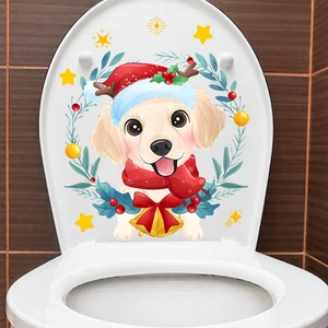 Christmas golden retriever puppy toilet lid sticker with festive holly and bells decoration