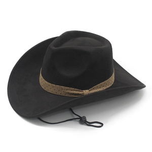 Detail of black suede western hat featuring a brown polka dot band and adjustable chin strap
