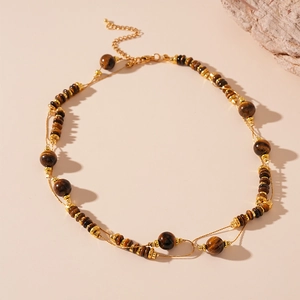 Double-layered tiger eye stone beaded necklace with vintage gold metal accents