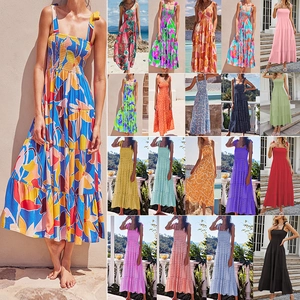 Women's summer sleeveless bodycon maxi dress in multiple floral prints and solid colors