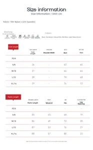 Size chart and fabric details for women's yoga set including sports bra and leggings