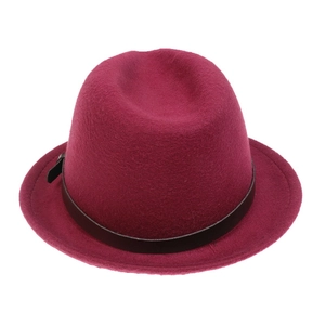 Top view of a burgundy wool fedora hat with a black decorative belt and soft felt texture