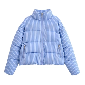 Blue and white vertical striped puffer jacket with a high collar and zipper pockets