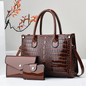 3-piece dark brown faux crocodile patent leather tote handbag set with shoulder strap