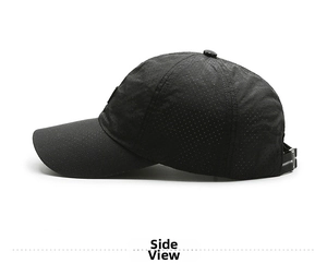 Side view of a black breathable baseball cap with laser-cut ventilation holes and stitching