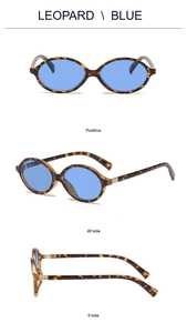 Three-angle view of leopard print oval sunglasses with clear blue lenses for a retro look
