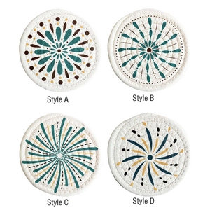 Detail of four circular woven cotton coasters with bohemian style mandala patterns